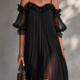 Marta | Black Mini Dress with Exposed Shoulders and Decorative Hem