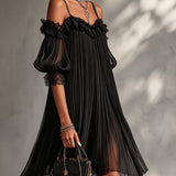 Marta | Black Mini Dress with Exposed Shoulders and Decorative Hem