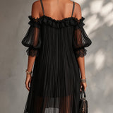 Marta | Black Mini Dress with Exposed Shoulders and Decorative Hem