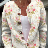Knitted cardigan with floral and leafy print and buttons