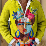 Cardigan with Artistic Portrait and Buttons