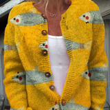 Vintage Knitted Cardigan with Artistic Fish and Sardine Design with Buttons