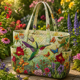 Gráinne | Quilted Tote Bag with Hummingbirds and Flowers