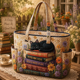 Siobhán | Quilted Tote Bag with a Sleeping Cat and Books