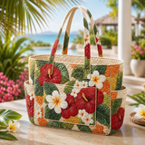 Ciara | Quilted Tote Bag with Sunset Hibiscus