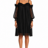 Marta | Black Mini Dress with Exposed Shoulders and Decorative Hem
