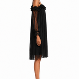 Marta | Black Mini Dress with Exposed Shoulders and Decorative Hem
