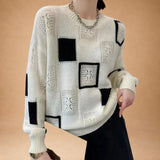 Katerina - Check Pattern Knitted Sweater with Open Weave Design