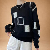Katerina - Check Pattern Knitted Sweater with Open Weave Design
