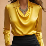 Elegant White Satin Blouse with Draped Neckline
