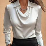 Elegant White Satin Blouse with Draped Neckline