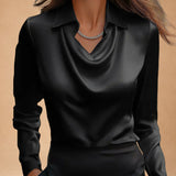 Elegant White Satin Blouse with Draped Neckline