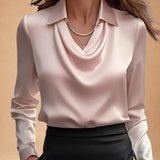 Elegant White Satin Blouse with Draped Neckline