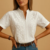 Cambria – Women's Blouse with Cut-Out Neckline and Embroidery