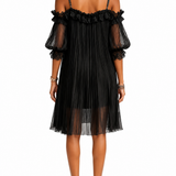 Marta | Black Mini Dress with Exposed Shoulders and Decorative Hem